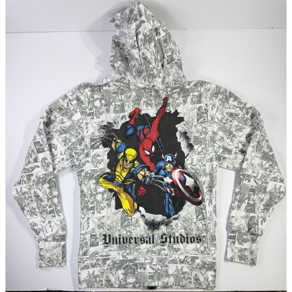 Marvel Universal Studios Comic Print Zip Hoodie Spider-Man Wolverine Mens Small
